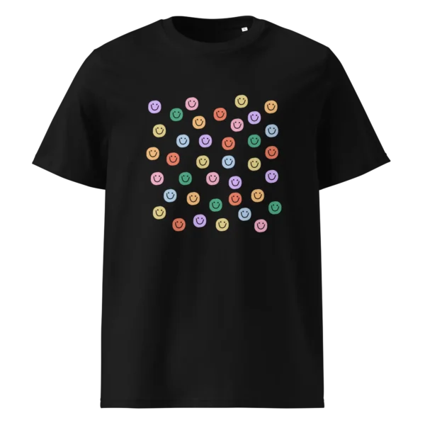 Happy-smiles-rainbow-unisex-organic-cotton-t-shirt-black-front-687c0084e893f