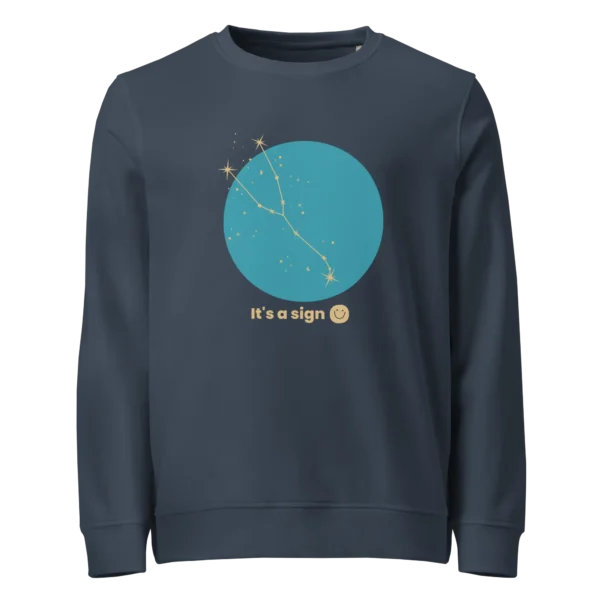 It's-a-sign,-taurus-unisex-organic-sweatshirt-french-navy-front-6898fcb701332